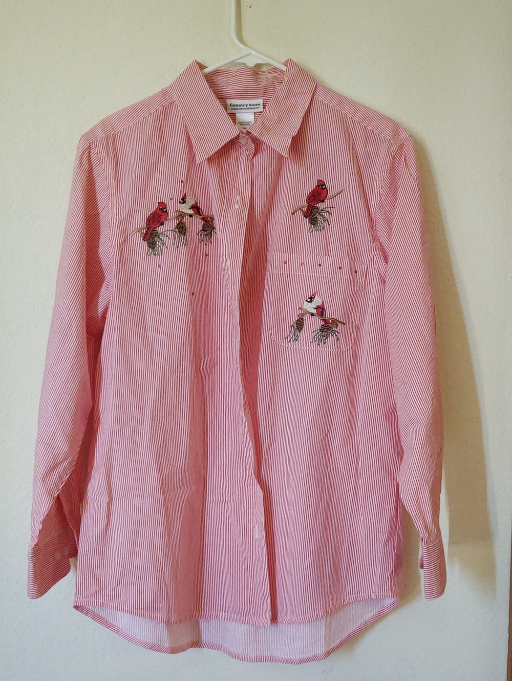 Country Store Red and White Striped Button-Up Shirt with Cardinal Embroidery